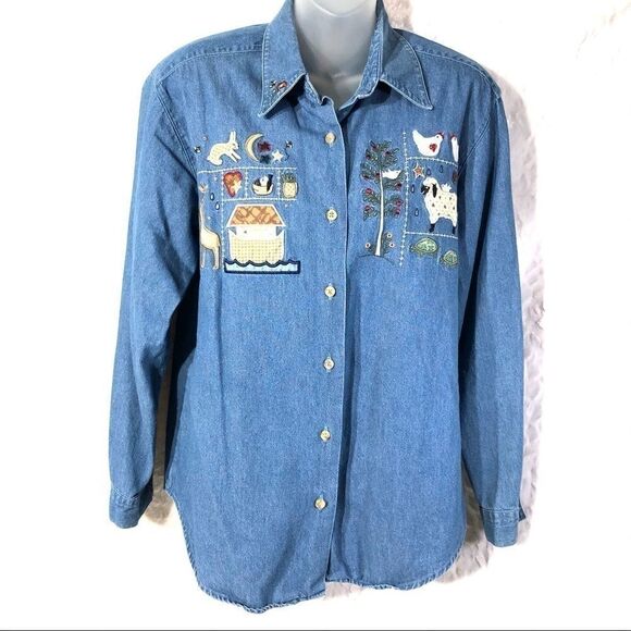 Chambray long sleeve shirt button up appliqué EUC cottagecore granny core farm - Picture 9 of 16